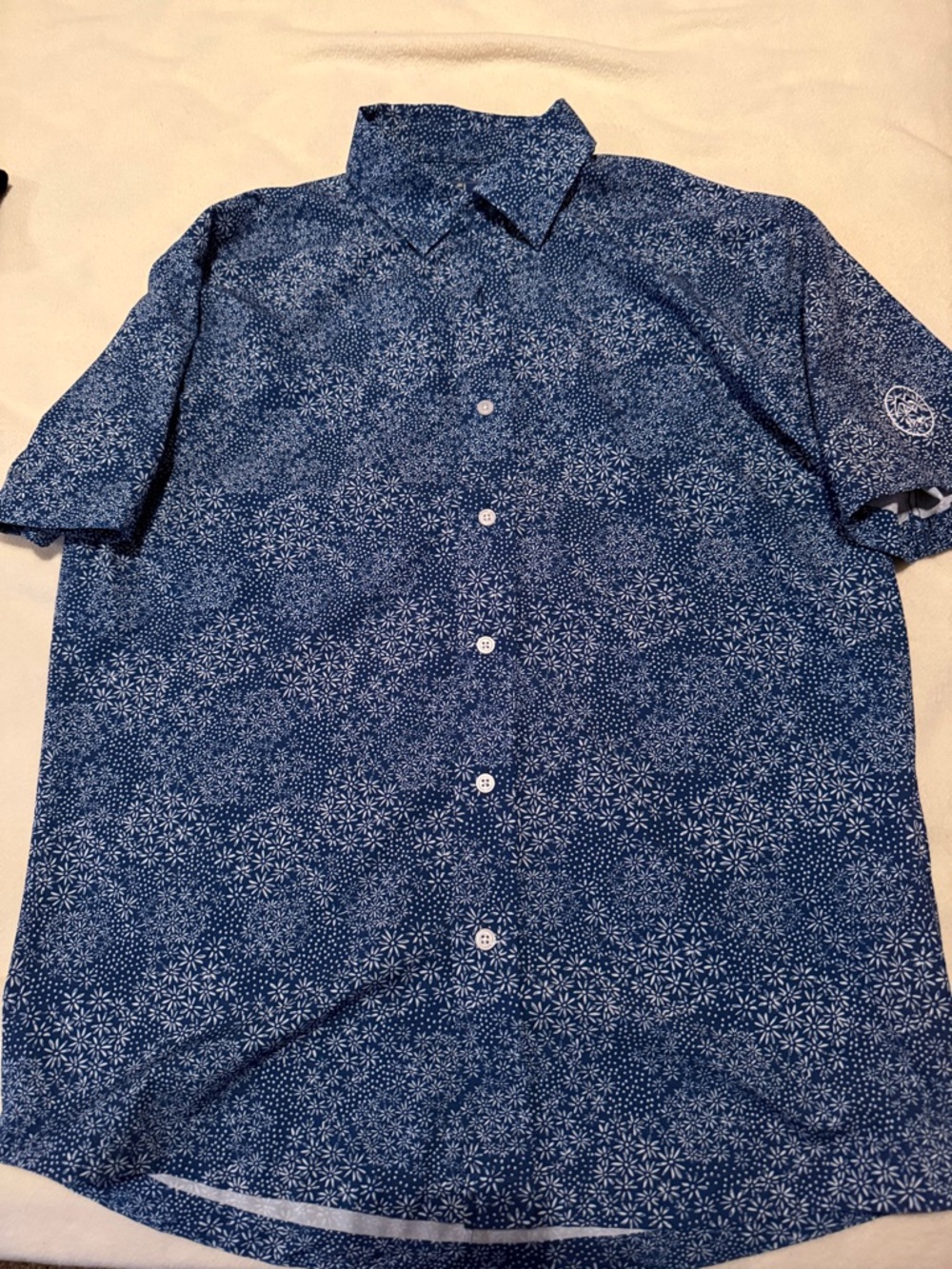 FootJoy Blue Short-Sleeve Button-Down with White Floral Print